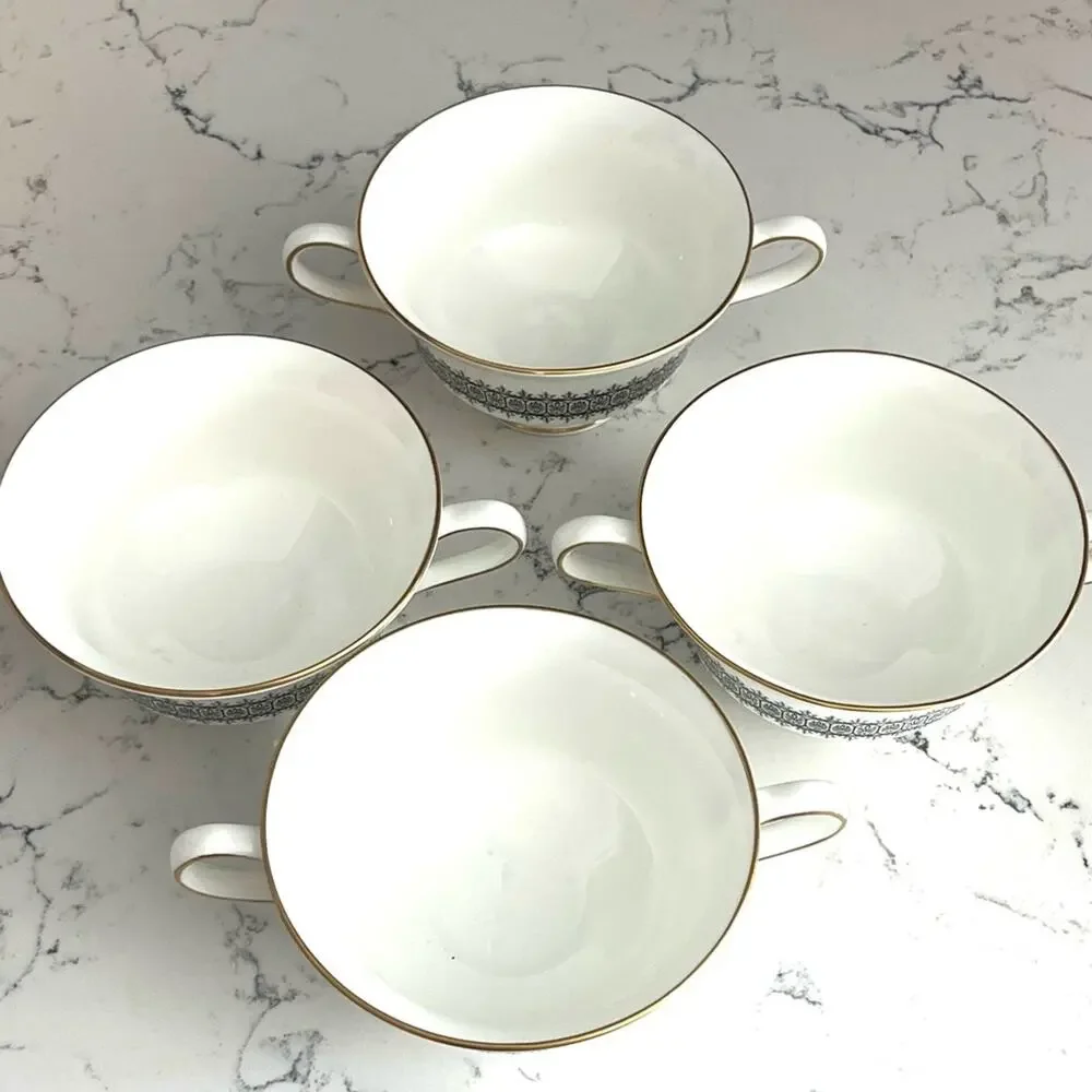 Wedgwood Astor Black On White Newer Footed Cream Soup Bowl Cup (Set of Four)